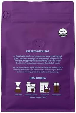Chamberlain Coffee Organic Espresso Dark Roast Coffee Blend - Whole Bean Specialty Coffee - Smooth & Balanced w/Dark Chocolate, Roasted Peanuts, Freshly Roasted - Perfect for Easy Mornings - 10 Oz