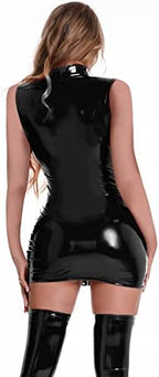 FEOYA Latex Dress for Women Sexy Faux Leather Mini Dress Halloween Devil Dominatrice Costumes PU Wet Look Lingerie Outfits