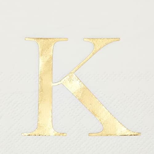 Sparkle and Bash 100 Count Letter K Cocktail Napkins - Gold Initial Napkins 3-Ply and Personalized Style for Wedding Reception and Party Foil Table Decoration - 4 x 8 in, White Gold