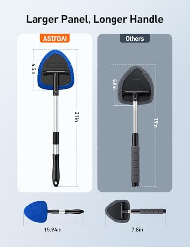 AstroAI Windshield Cleaner Tool, Car Interior Window Detailing Cleaning Kit with Extendable Handle and 4 Easy-to-Install Reusable Microfiber Pads, Auto Glass Wiper Brush Kit for Car&Home, Blue, 21in