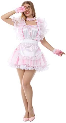 JOLINE Sissy Lace Frilly Satin Square Neckline Dress Uniform Crossdressing