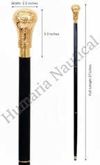 Humaira Nautical Handmade Brass Knob Walking Stick, Wooden Cane with Black Finish Gold Handle 37 Inch Cane for Men and Women