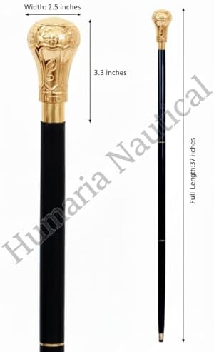 Humaira Nautical Handmade Brass Knob Walking Stick, Wooden Cane with Black Finish Gold Handle 37 Inch Cane for Men and Women