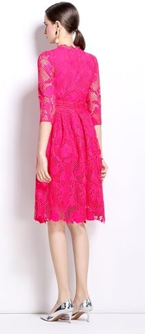 LAI MENG FIVE CATS Womens 3/4 Sleeve Flowy Lace Floral Elegant Crew Neck Crochet Waist Party Dress