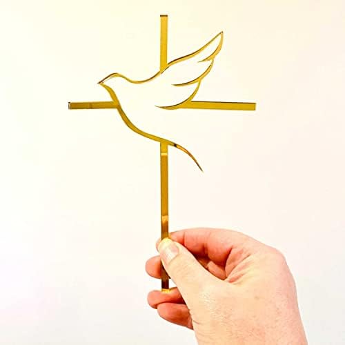 10pcs of Acrylic Religious Cake Topper - Dove and Cross,Holy Spirit Topper, Confirmation Topper (Gold Mirror)