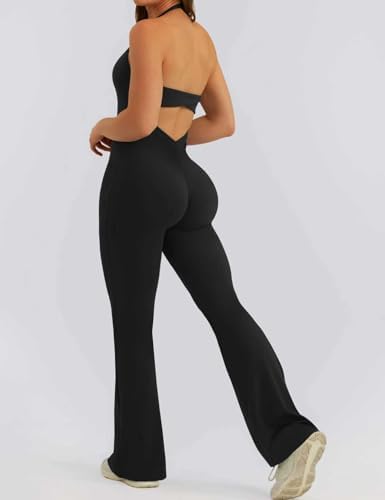 Relety Womens Flare Jumpsuits One Piece Halter Neck Twist Back Sleeveless Butt Scrunch Workout Romper Yoga Bodycon Unitard