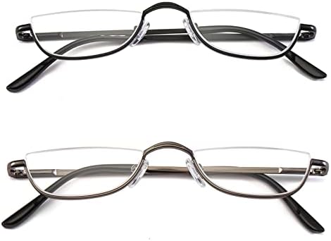 Half Reading Glasses - 2 Pairs Half Rim Metal Frame Glasses Spring Hinge Readers for Men and Women, Black+Gunmetal 1.25