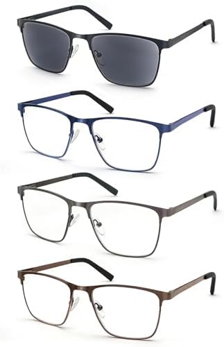 MODFANS Men Reading Glasses Blue Light Blocking Glasses Metal Square Readers Stainless Steel Material Anti Eyestrain/Glare/UV