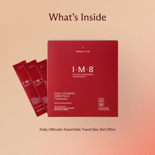 IM8 Daily Ultimate Essentials All-in-One Multivitamin Supplement, 92 Nutrient Rich Ingredients CoQ10, Probiotics, Vitamins, Greens, Gluten Free, Vegan, Acai Mixed Berry (30 Servings, Travel Packs)