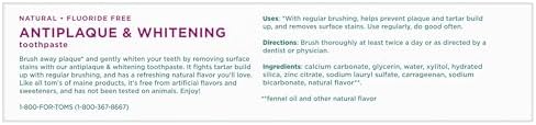 Tom’s of Maine Antiplaque and Whitening Toothpaste, Fluoride Free, Fennel, Single, 4.5 Oz
