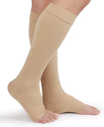 TOFLY® Compression Stockings (Pair), Grade Firm Support 20-30mmHg, Opaque, Unisex, Open Toe Knee High Compression Socks for Varicose Veins, Edema, Shin Splints, Nursing, Travel, Beige L