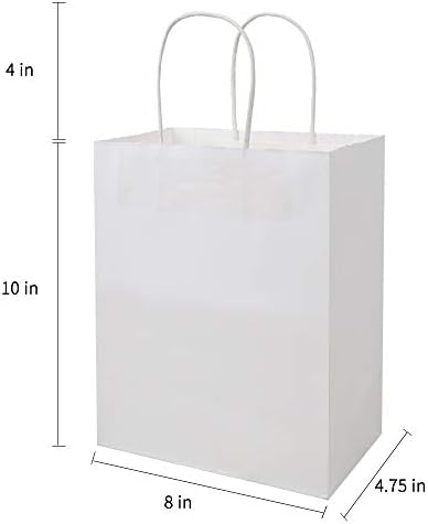 bagmad 50 Pack 8x4.75x10 inch Medium White Kraft Paper Bags with Handles Bulk, Gift Bags, Craft Grocery Shopping Retail Birthday Party Favors Wedding Sacks Restaurant Takeout, Business (50Pcs)