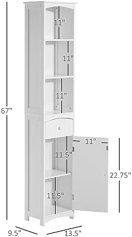 HOMCOM Bathroom Storage Cabinet, Free Standing Bathroom Storage Unit, Tall Linen Tower with 3-Tier Shelves and Drawer, White