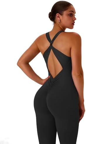 TDIFFUN Flare Workout Jumpsuits for Women One Piece Sleeveless Scrunch Butt Lifting Gym Bodysuit Sexy Backless Yoga Outfits