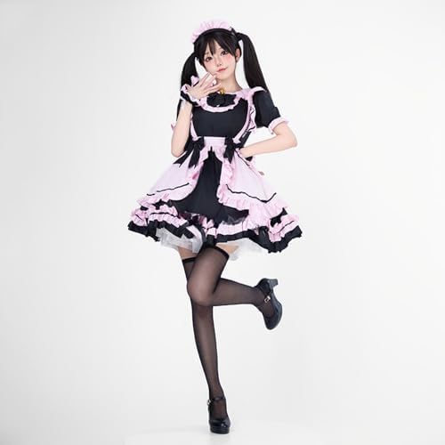 5pcs Pink Black Maid Outfit Set Bow Maid Princess Dress Lolita Dress Anime Cosplay Costume for Women