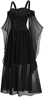 Renaissance Gothic Dress for Women Halloween Costume Off Shoulder Lace Trumpet Sleeve Dress Medieval Steampunk Dress
