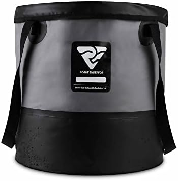 Rogue Endeavor Heavy Duty Collapsible Bucket (5 Gallon (20L) Includes Lid), Mesh Bag, Beach and Salt Water Ready, Durable Reinforced Design with Metal Hardware (Black)