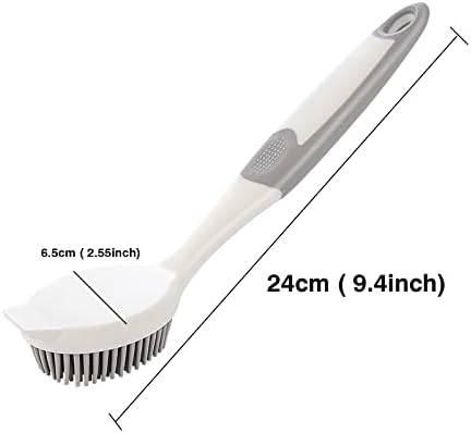 Dish Scrubber, Silicone Soft Bristles Scrub Brush with Scraper Tip, Comfortable Grip Brushes for Kitchen Sink, Pans, Pots, Skillet, Vegetable, Fruit, Potato Cleaning (White/Grey)