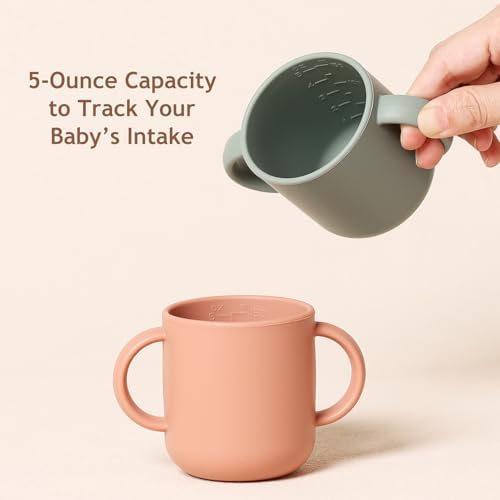 ROCCED Silicone Training Cup for Infants 2 Handles, Toddler Learning Cup Baby Drinking Open Cups Easy Grip Handles Toddler Cup for 6 Months+ 150ml/5oz-Sage