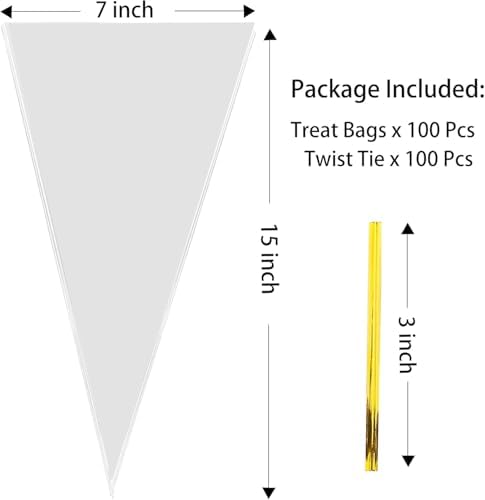 Cellophane bags,100 Pcs 7x15 Inch Clear Cellophane Treat Bags Carrot Cone Shaped Treat Bag with Twist Ties Plastic Popcorn Bags Cotton Candy Bag for Easter Party Favors Baby Shower Birthday Gift