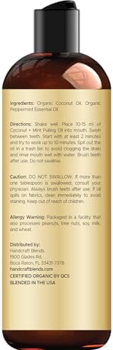 Handcraft Blends Coconut Oil Pulling for Teeth and Gums with Peppermint Oil - Organic Coconut Oil Pulling Oil Mouthwash for Fresh Breath, Oral Health and Cleaner Teeth and Gums - 8 Fl oz