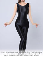 Women's Glossy Sleeveless Bodysuit Shiny Oil Sport Jumpsuit One Piece Silky Stretchy Tights Leotard
