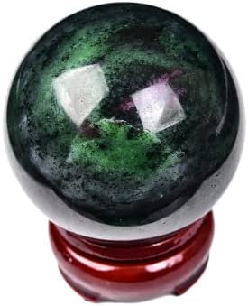 JIC Gem Natural Ruby Zoisite Quartz Crystal Sphere Balls with Wood Stand Red&Green Treasure Gemstone Decorative Orbs Reiki Energy Healing Crystal Ball (60-70mm)