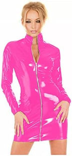 Women Sexy Zipper PVC Mini Dress Catsuit Novelty Club Party Dress Bodycon Long Sleeve Turtleneck,Pink,XXL