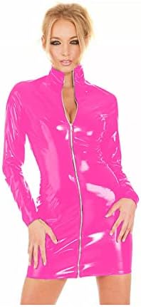 Women Sexy Zipper PVC Mini Dress Catsuit Novelty Club Party Dress Bodycon Long Sleeve Turtleneck,Pink,XXL