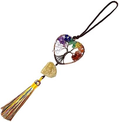 Healing Heart Crystal Tree of Life Hanging Ornament 7 Chakra Gemstone Tassel Hanger Raw Stone Dangle Decor for Window Car, Citrine
