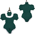Bodysuit Shiny PVC Short Sleeve Maid Costume Vinyl Maid Dress Lockable Jumpsit Plus Size,Dark Green,L