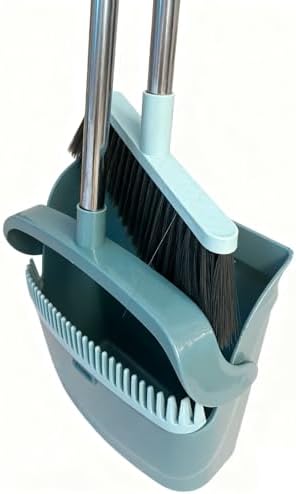 Upgrade Broom and Dustpan Combo Set - 3 Row Bristles & Extended Handles for No Bending, Self-Cleaning Dustpan Teeth, Stand-Up Storage, Indoor & Outdoor Sweeping (Bean Green)