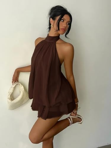 Sexy Backless Halter Neck Dress for Women Puffy Hem Mini Short Party Club Dresses