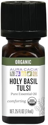 Aura Cacia Organic Holy Basil Tulsi Essential Oil, 100% Pure Ocimum Sanctum Oil – Aromatherapy for Body Care, Diffusers, DIY Blends | 0.25 Fl Oz (Pack of 1)