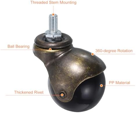 uxcell 2 Inch Ball Caster Wheels, 4pcs Threaded Stem Caster 360 Degree Rotatable Caster Wheels for Furniture, Bronze Tone