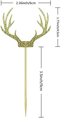 20 Counts Gold Deer Antler Cake Topper Glitter Paper Christmas Reindeer Cupcake Toppers Picks for Themed Party Decor Supplies