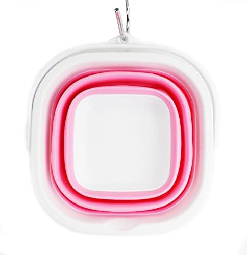 SAMMART 2.6L (0.68 Gallon) Super Mini Sqare Collapsible Plastic Bucket - Foldable Square Tub - Portable Fishing Water Pail - Space Saving Outdoor Waterpot (1, White/Pink)