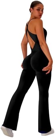 TDIFFUN Flare Workout Jumpsuits for Women One Piece Sleeveless Scrunch Butt Lifting Gym Bodysuit Sexy Backless Yoga Outfits
