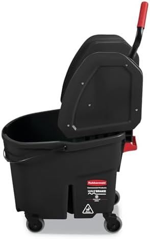 Rubbermaid Commercial Products WaveBrake 35 QT Down-Press Mop Bucket and Wringer Combo on Wheels with Dirty Water Bucket Black for Heavy-Duty Floor Cleaning