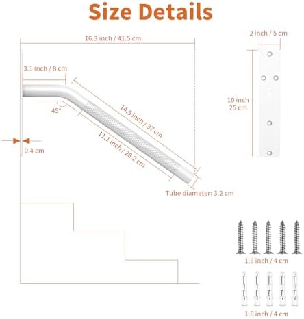 16 Inch White Stair Handrails for 1-3 Steps, Munzong Anti-Slip SUS304 Stainless Steel Hand Rail for Stairs, Knurled Safety Grab Bar for Outdoor Garage Porch Entry Interior Exterior Stairway-1.25” Tube