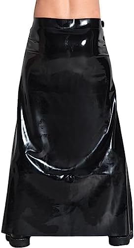 Black Sexy Latex Kilt Skirts with Belts and Buckles at Side Long Ankle Length Rubber Bottoms Uniform,Custom Color,L