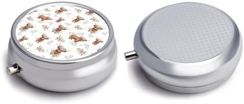 Purse Pill Organizer, Cute Farm Animal Highland Cow Print Cute Round Box, Compact Case for Vitamins, Travel Dispenser Pocket Carry for Her