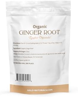 Halo Naturals Organic Ginger Root Cut & Sifted, 4 Ounces (Zingiber officinale) USDA Certified | Resealable Pouch| Packaged in The USA