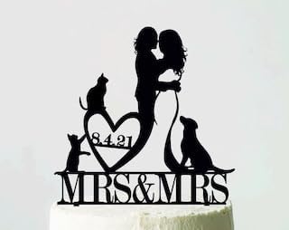 Lesbian Wedding Cake Topper,Mrs&Mrs Cake Topper,Same Sex wedding,Cake topper with two cats and dog,Wedding Cake topper with dogs,Gift for Wedding/Engagement/Bridal Shower/Anniversary/Birthday.