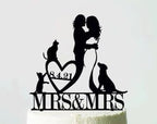 Lesbian Wedding Cake Topper,Mrs&Mrs Cake Topper,Same Sex wedding,Cake topper with two cats and dog,Wedding Cake topper with dogs,Gift for Wedding/Engagement/Bridal Shower/Anniversary/Birthday.