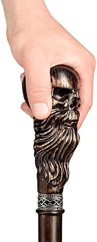 Asterom Bearded Skull Head - Handmade Wooden Carved Walking Cane for Men and Women - Unique Steampunk Walking Stick
