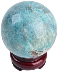 JIC Gem Natural Amazonite Crystal Sphere with Wood Stand Gemstone Sphere,Polished Healing Energy Mineral Gemstone Balls for Reiki Chakra Decoration Fengshui (60-70mm)