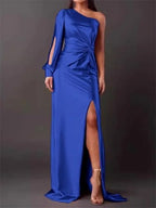 Women Elegant Solid Color Satin Dress Summer Sexy High-Waist Long Slit Hem Design Party Prom Evening Clothes