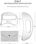 2-in-1 Stainless Steel Gua Sha Massage Tool Set, Muscle Scraper & IASTM Tools for Soft Tissue Mobilization, Myofascial Release, Body Skin Massage, Physical Therapy Sore Muscle Relief with Travel Pouch