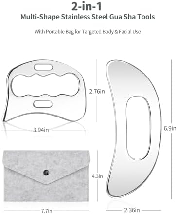 2-in-1 Stainless Steel Gua Sha Massage Tool Set, Muscle Scraper & IASTM Tools for Soft Tissue Mobilization, Myofascial Release, Body Skin Massage, Physical Therapy Sore Muscle Relief with Travel Pouch